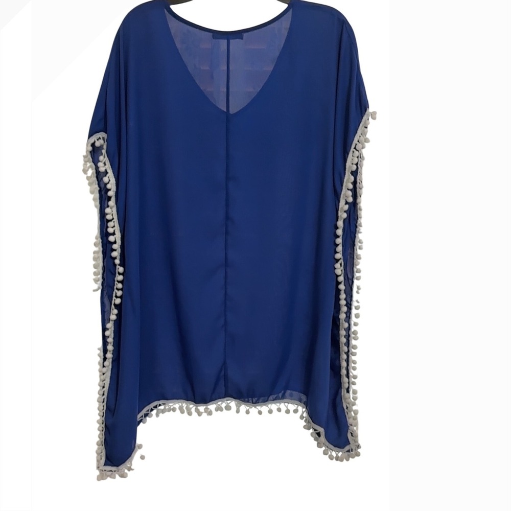 ADREAMLY Swim Cover Up Pom Pom Trim V Neck Royal Blue Tunic Top Size Small‎